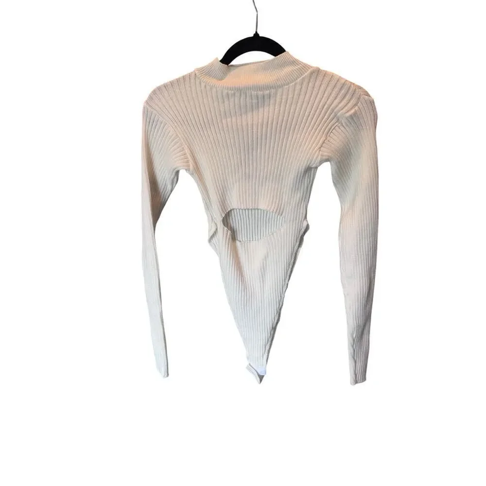 PrettyLittleThing Cream Soft Rib Knit Cut-Out Bodysuit Long Sleeve Size M  NWT
